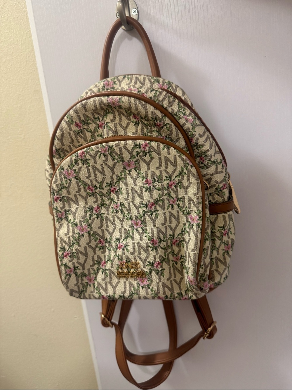 Jones New York Beige Monogram Mini Backpack with Pink Floral and Tan Trim